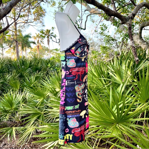 Omighty Logomania Black Mini Dress Size S Stretch Tattoo Sexy Sheer Straps Layer - Picture 4 of 17